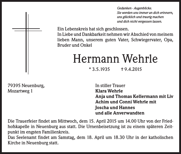 Hermann Wehrle Traueranzeige Badische Zeitung