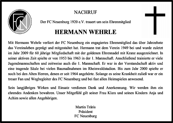 Hermann Wehrle Traueranzeige Badische Zeitung