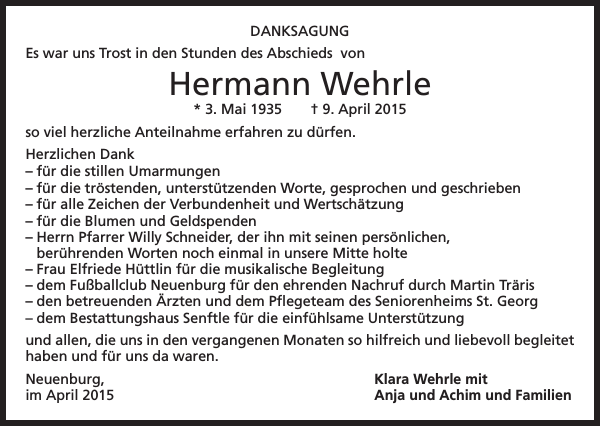 Hermann Wehrle Traueranzeige Badische Zeitung