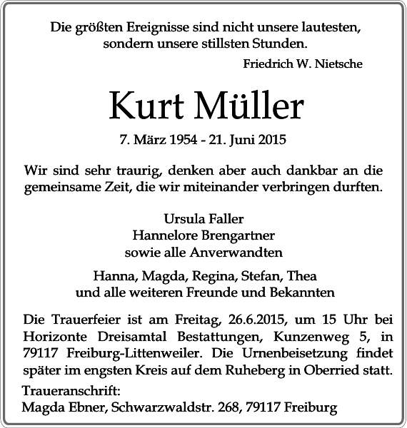 Kurt Müller Traueranzeige Badische Zeitung
