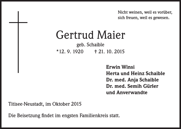 Gertrud Maier Traueranzeige Badische Zeitung