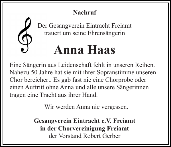 Anna Haas Traueranzeige Badische Zeitung