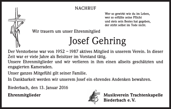 Josef Gehring : Traueranzeige : Badische Zeitung