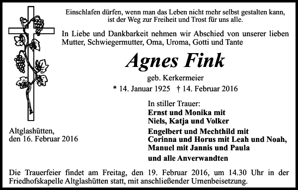 Agnes Fink Traueranzeige Badische Zeitung