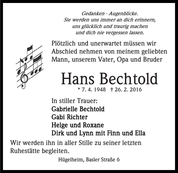 Hans Bechtold Traueranzeige Badische Zeitung