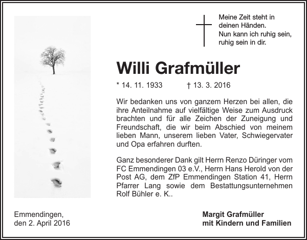 Willi Grafmüller : Traueranzeige : Badische Zeitung
