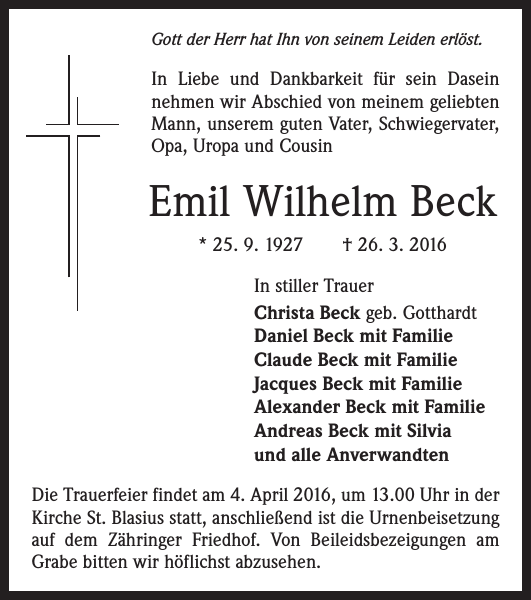 Emil Wilhelm Beck Traueranzeige Badische Zeitung