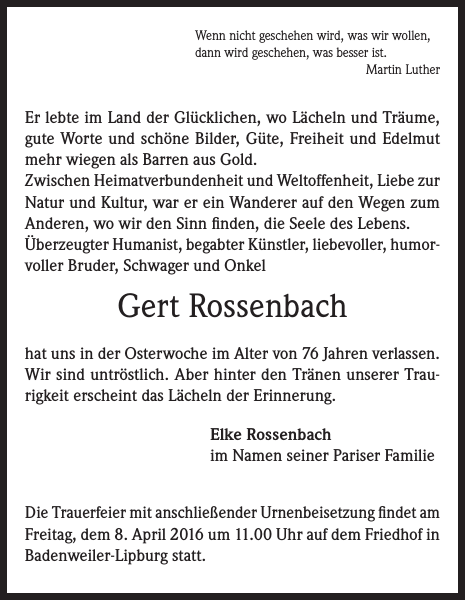 Gert Rossenbach: Traueranzeige : Badische Zeitung