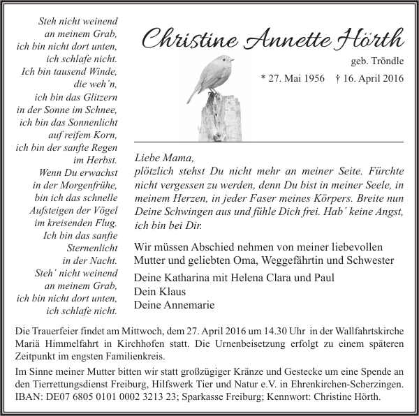 Christine Hörth Traueranzeige Badische Zeitung