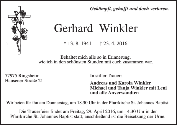 Gerhard Winkler Traueranzeige Badische Zeitung