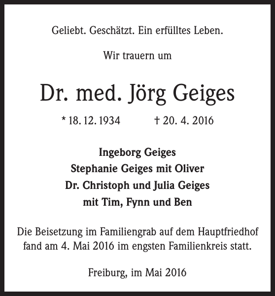 Jörg Geiges Dr. med. Traueranzeige Badische Zeitung