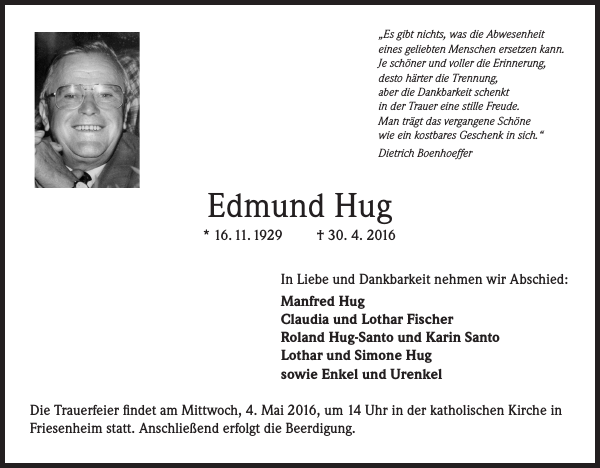 Edmund Hug Traueranzeige Badische Zeitung