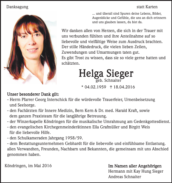 Sieger Helga : Danksagung : Badische Zeitung