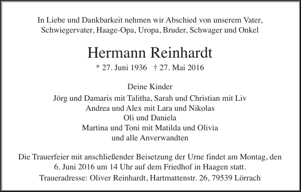 Hermann Reinhardt Traueranzeige Badische Zeitung