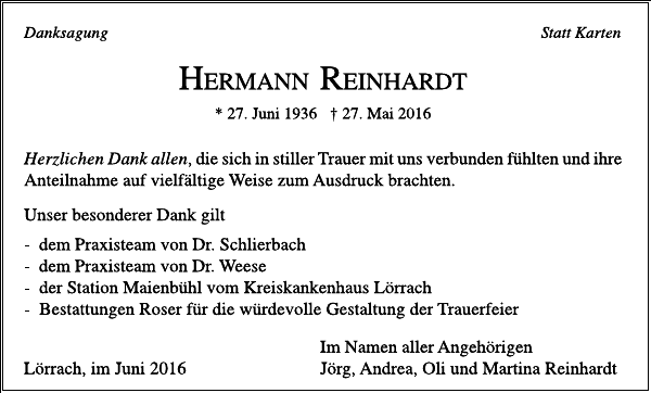 Hermann Reinhardt Traueranzeige Badische Zeitung