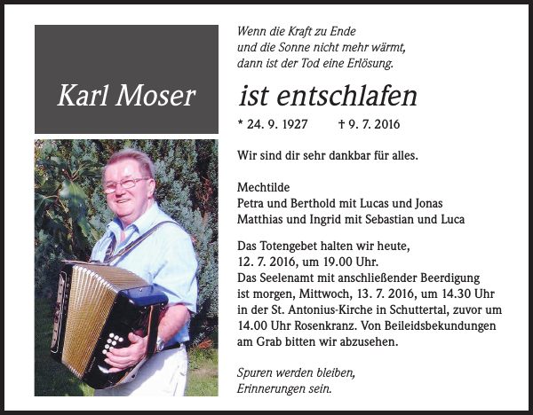 Karl Moser Traueranzeige Badische Zeitung