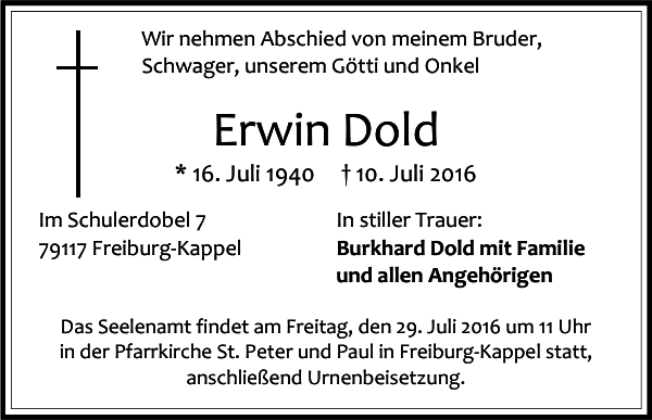 Erwin Dold Traueranzeige Badische Zeitung