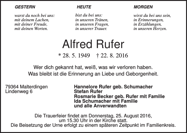 Alfred Rufer Traueranzeige Badische Zeitung