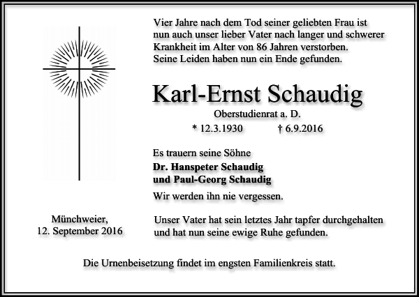 KarlErnst Schaudig Traueranzeige Badische Zeitung