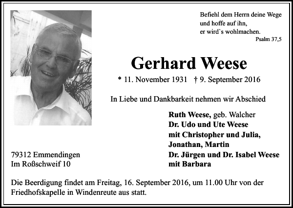 Gerhard Weese Traueranzeige Badische Zeitung