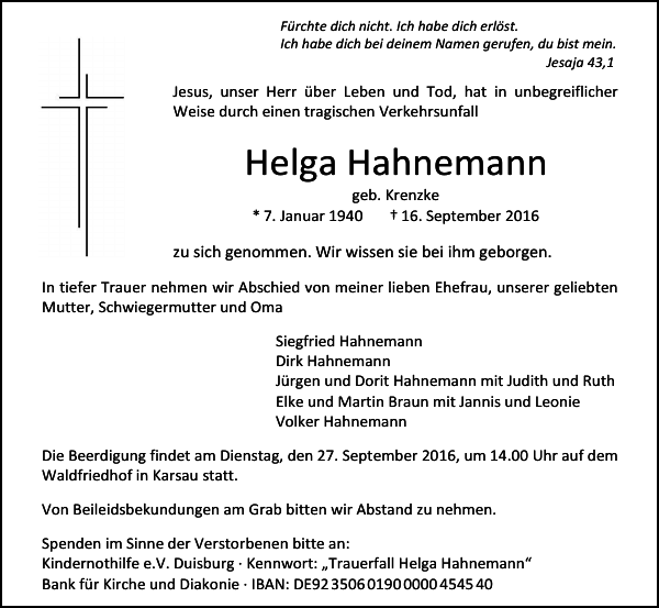 Helga Hahnemann Traueranzeige Badische Zeitung