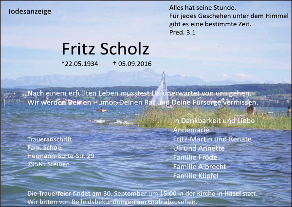 Fritz Scholz Traueranzeige Badische Zeitung