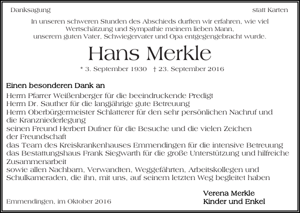 Hans Merkle Traueranzeige Badische Zeitung