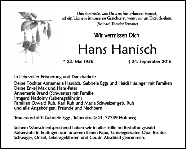 Hans Hanisch Traueranzeige Badische Zeitung