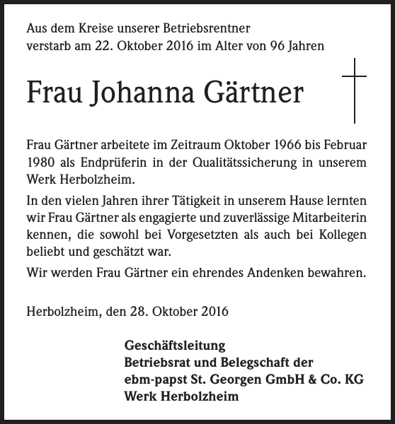 Johanna Gärtner Traueranzeige Badische Zeitung