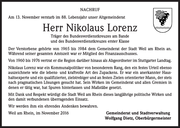 Nikolaus Lorenz Traueranzeige Badische Zeitung