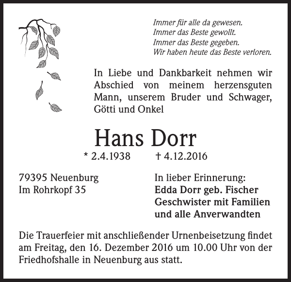 Hans Dorr: Traueranzeige : Badische Zeitung