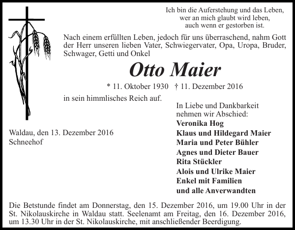 Otto Maier Traueranzeige Badische Zeitung