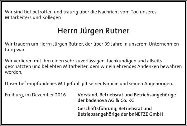Jürgen Rutner: Traueranzeige : Badische Zeitung