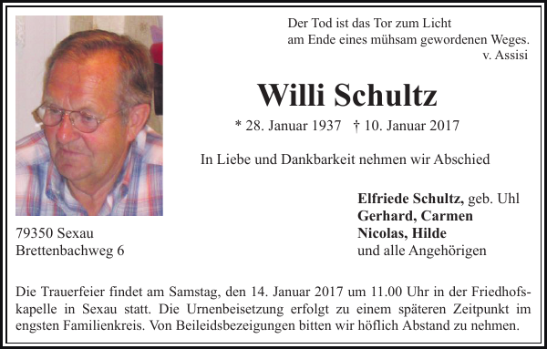 Willi Schultz Traueranzeige Badische Zeitung