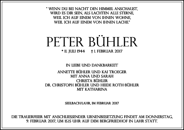 Peter Bühler Traueranzeige Badische Zeitung