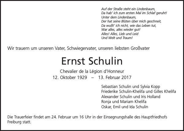 Prof. Dr. Ernst Schulin Nachruf Badische Zeitung