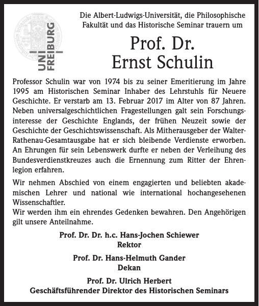 Prof. Dr. Ernst Schulin Nachruf Badische Zeitung