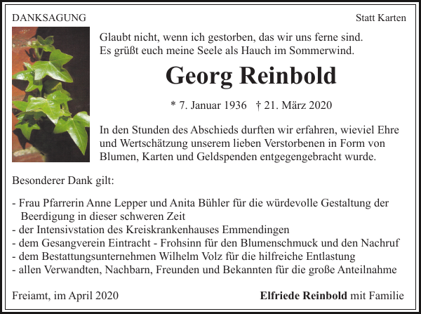 Reinbold Traueranzeige Badische Zeitung