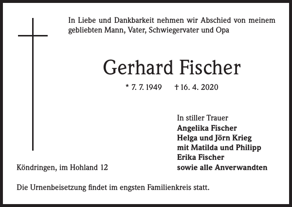 Gerhard Fischer Traueranzeige Badische Zeitung