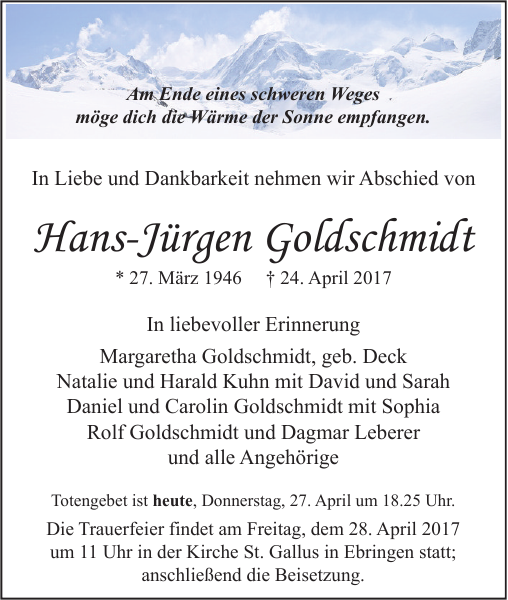 HansJürgen Goldschmidt Traueranzeige Badische Zeitung