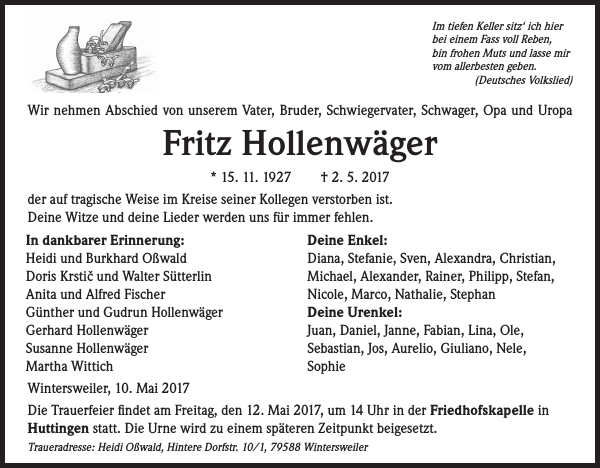 Fritz Hollenwäger Traueranzeige Badische Zeitung