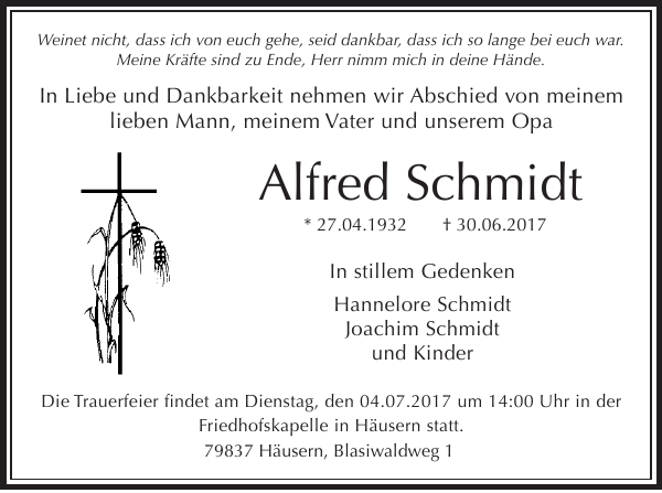 Alfred Schmidt Traueranzeige Badische Zeitung