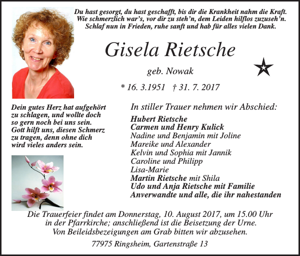 Gisela Rietsche: Traueranzeige : Badische Zeitung