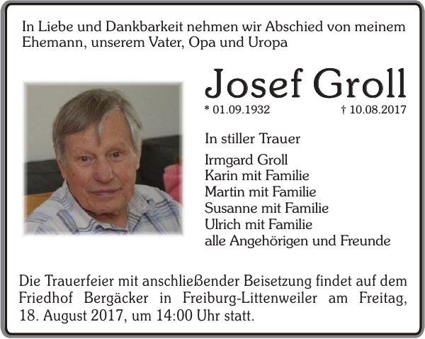 Josef Groll Traueranzeige Badische Zeitung