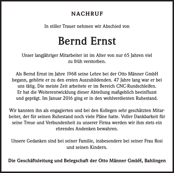 Bernd Ernst Traueranzeige Badische Zeitung