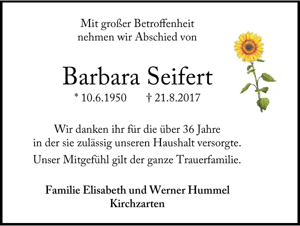 Barbara Seifert Traueranzeige Badische Zeitung