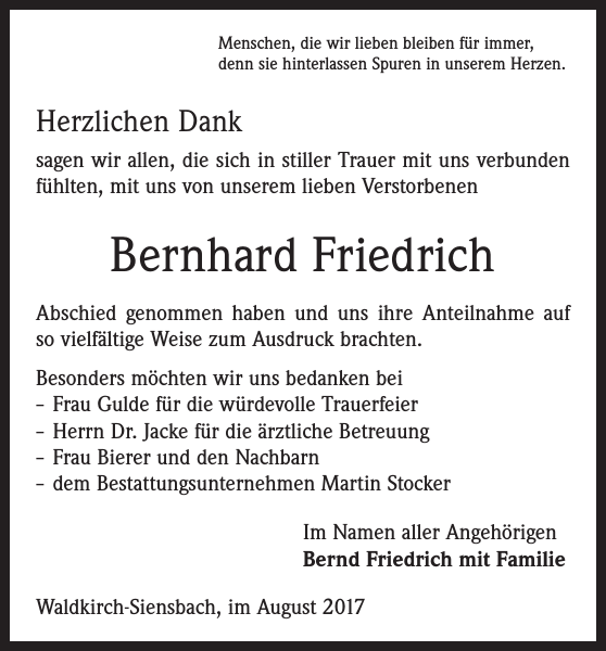 Bernhard Friedrich Traueranzeige Badische Zeitung
