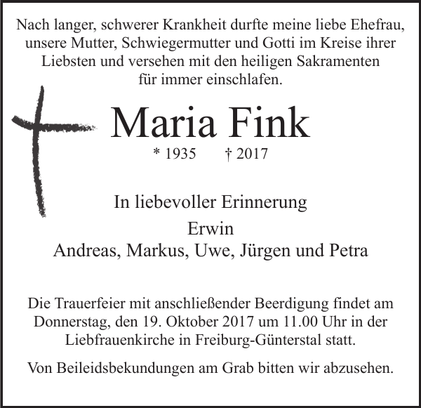 Maria Fink : Traueranzeige : Badische Zeitung