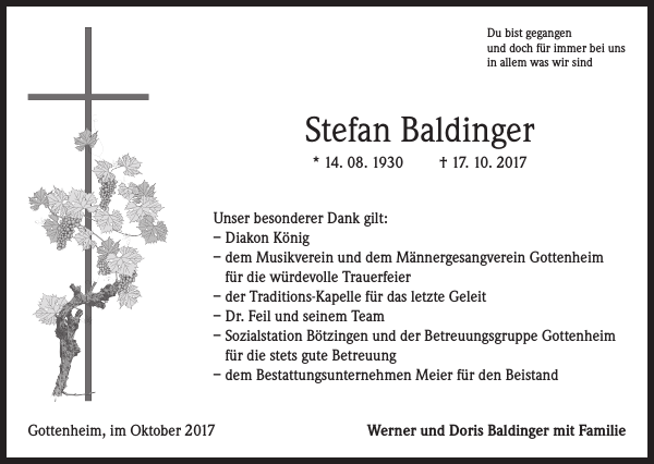 Stefan Baldinger Traueranzeige Badische Zeitung