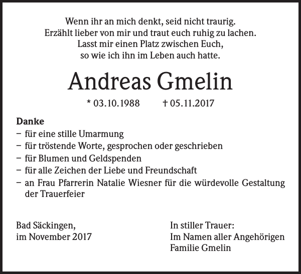 Andreas Michael Gmelin Traueranzeige Badische Zeitung
